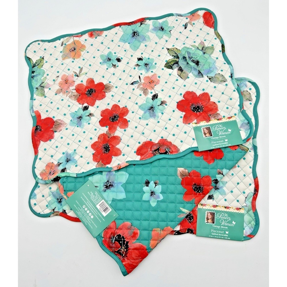 NEW 3 Pioneer Woman Vintage Bloom Floral Placemats Farmhouse Quilted Reversible